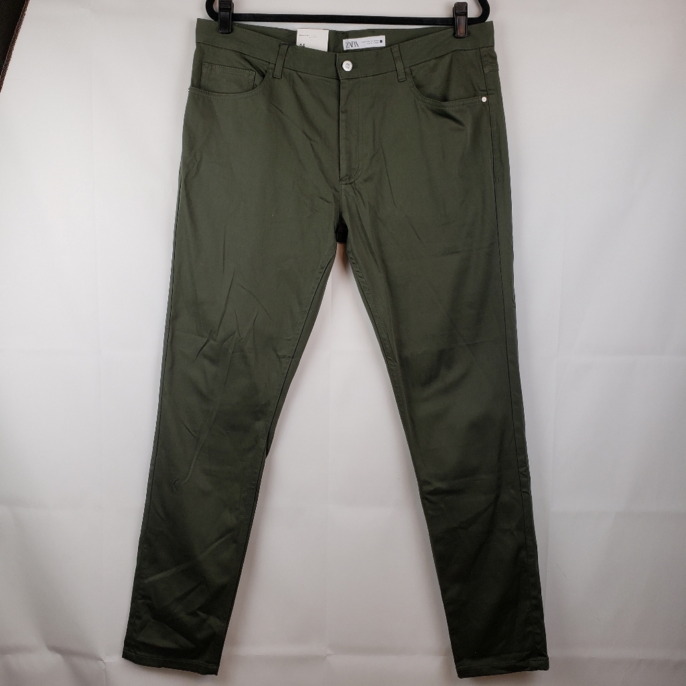 Zara Mens Skinny Chino Pants Stretch Army Green 34